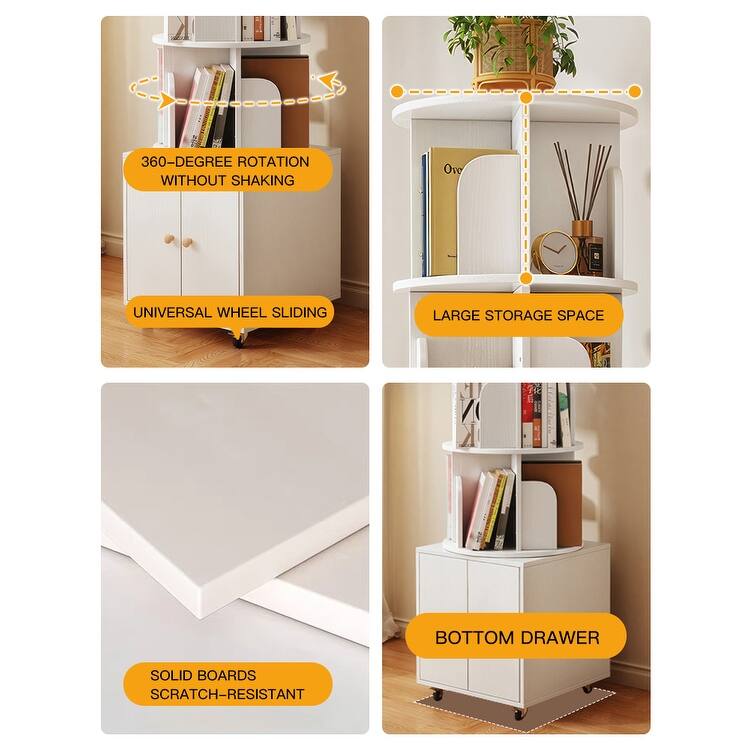 360° Rotating 5-Tier Bookshelf - Compact Corner Design with Storage Drawer for Bedroom/Living Room‌