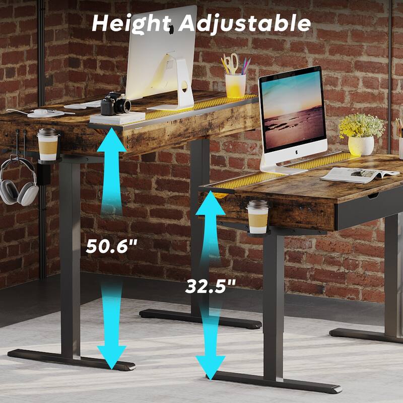 Standing Desk Electric Height Adjustable Gaming Desk with Drawer USB Port and LED Light Computer Desk