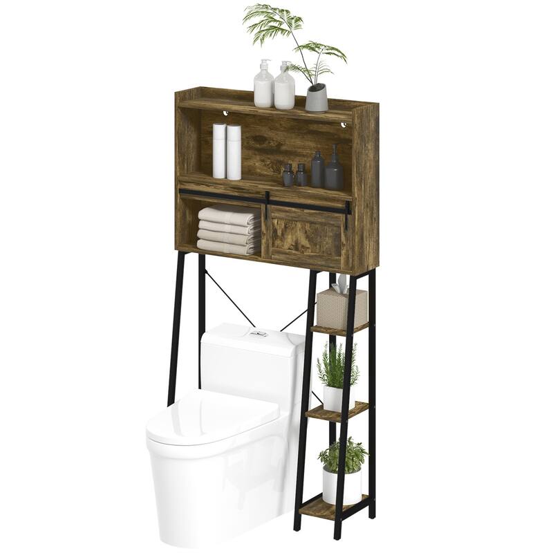 Bathroom Organizer Tower Over Toilet with Multiple Compartments and Sliding Door Storage - 31.5" W x 11.8" D x 60.6" H - Rustic Brown, Black