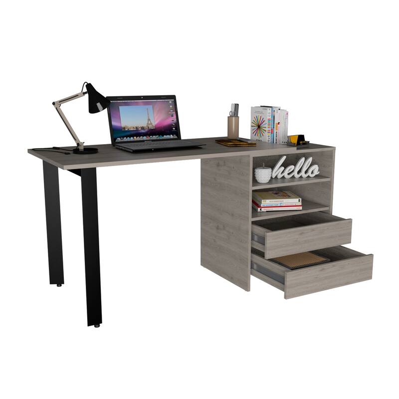Desk, Two Legs, Two Drawers, Two Shelves -Light Gray