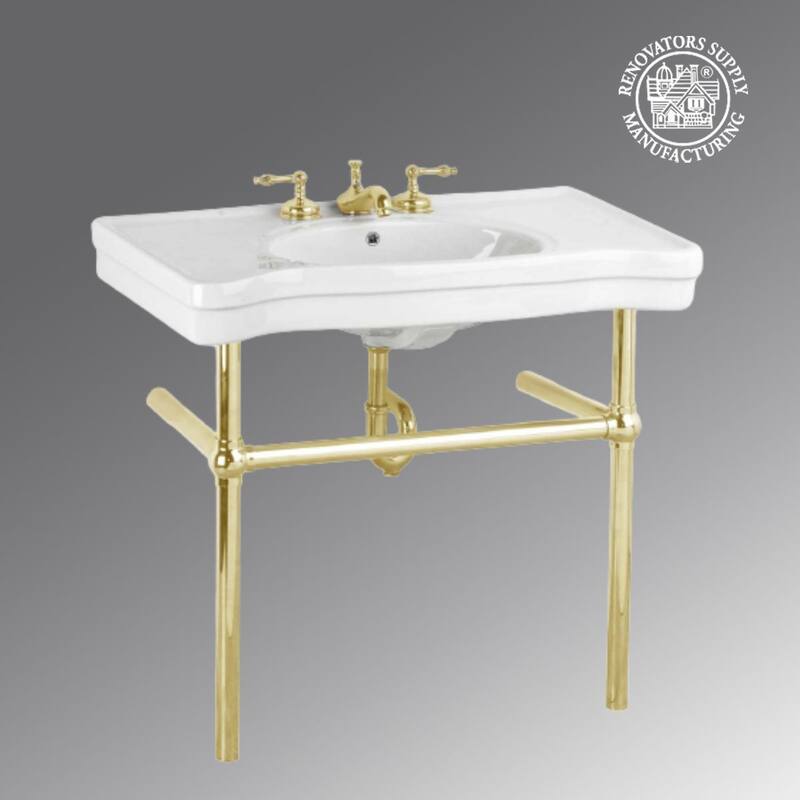 Belle Epoque White Bathroom Console Sink with Brass Bistro Legs and Widespread Faucet Holes