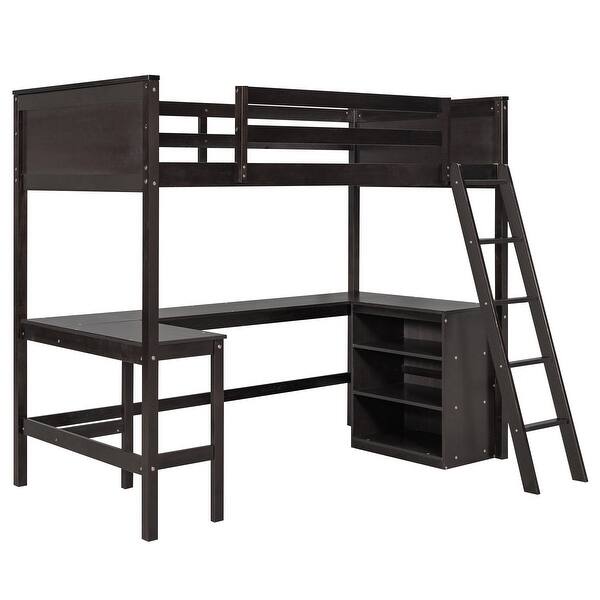 Solid Wood Twin Size Loft Bed with Storage Shelves and UShaped Desk Bed Bath & Beyond 38262958