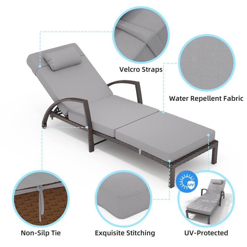 Outdoor Chaise Lounge Chairs Set of 2, Patio Rattan Reclining Chair with 5-Position Adjustable Backrest