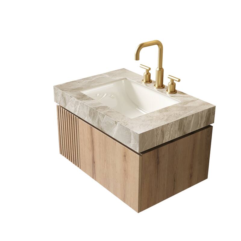 Floating Bathroom Vanity with Sintered Stone Top & Undermount Ceramic Basin with Three Pre-drilled Faucet Holes