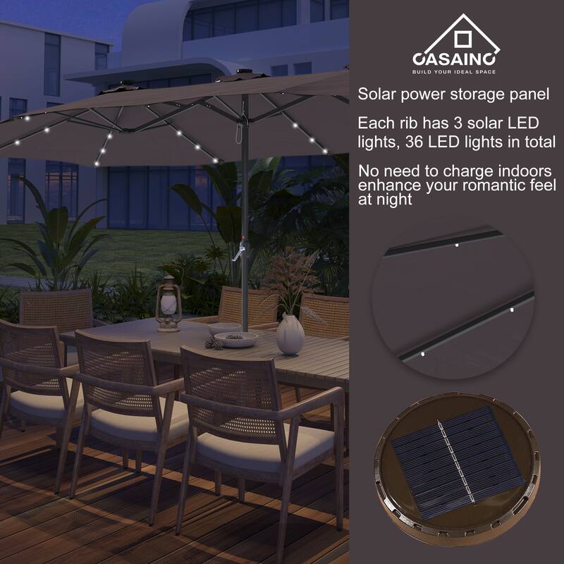 15-ft. Rectangular Crank Double-sided Outdoor Market Umbrella Solar LED Lighted Patio Umbrella with Base Included