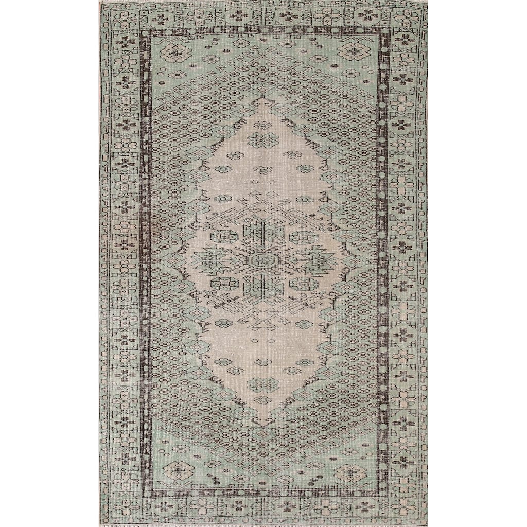 Distressed Anatolian Turkish Rug Hand-Knotted Green Wool Carpet - 5'7" x 9'1"