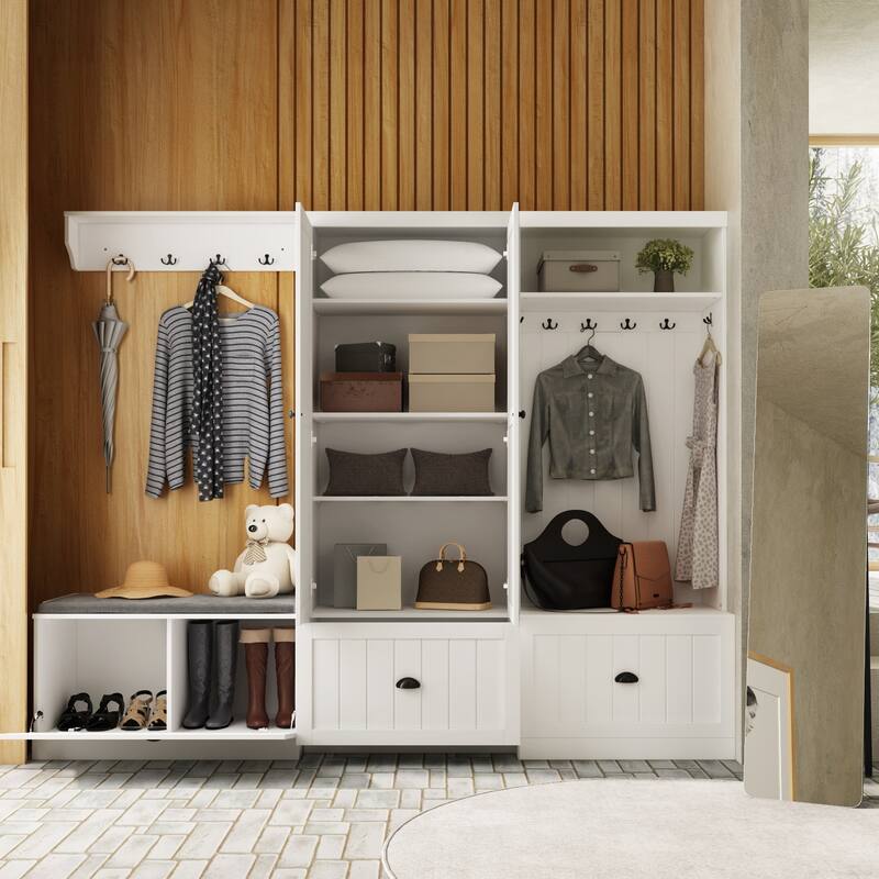 Combo Hall Tree Storage Bench Entryway Shelf Coat Rack Cloest Armoire