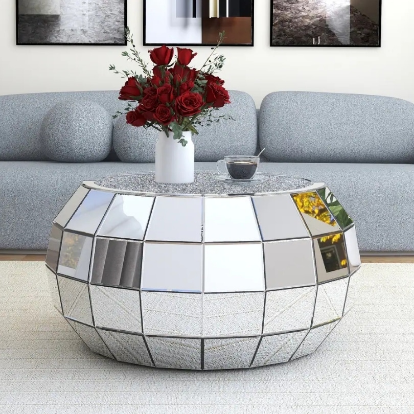 Mirrored Coffee Table Crystal Diamond Large Drum Table On Sale