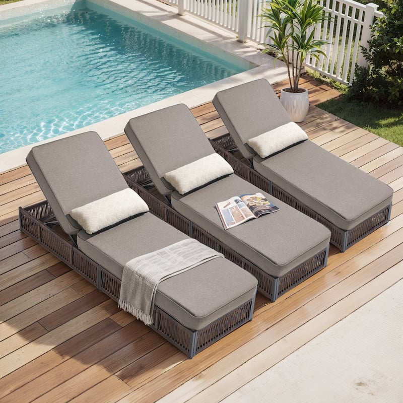 Pocassy Outdoor Lounge Chairs, Pool Lounge Chairs with Adjustable Backrest - 3-Piece Brown Wicker Gray Cushion