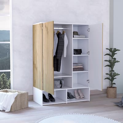 Rectangle 2-Door Armoire w/Shelves and Hanging Rod & Shoe Cabinet