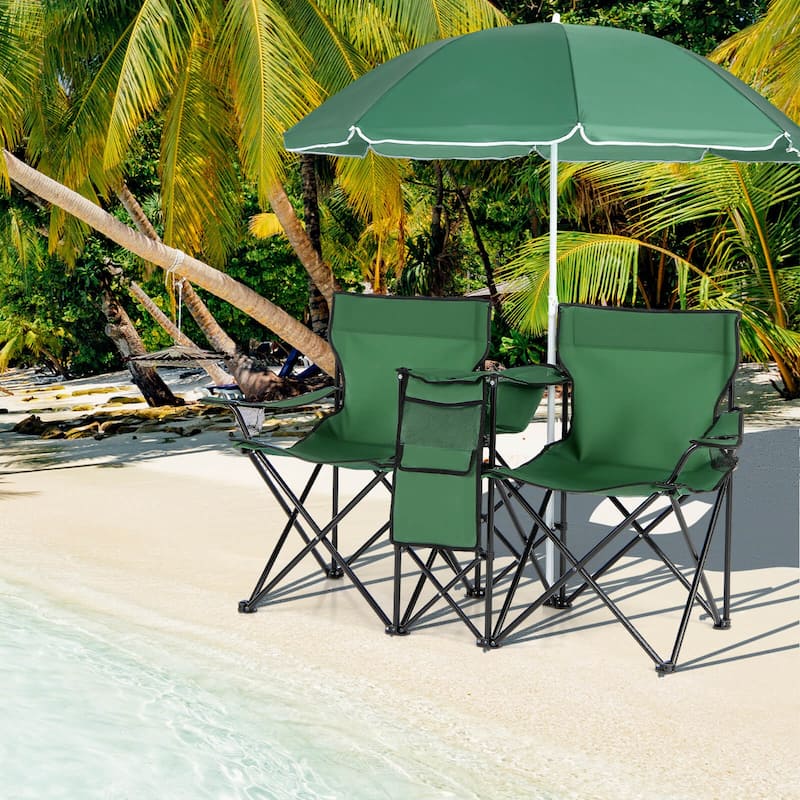 Portable Folding Picnic Double Chair with Umbrella Table Cooler Beach - See details