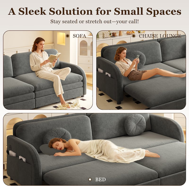 Homy Casa 3-in-1 Convertible Sleeper Sofa Bed, Pull-Out Couch w/ USB, Side Pocket & 4 Pillows, Chenille, 2/3/4-Seat