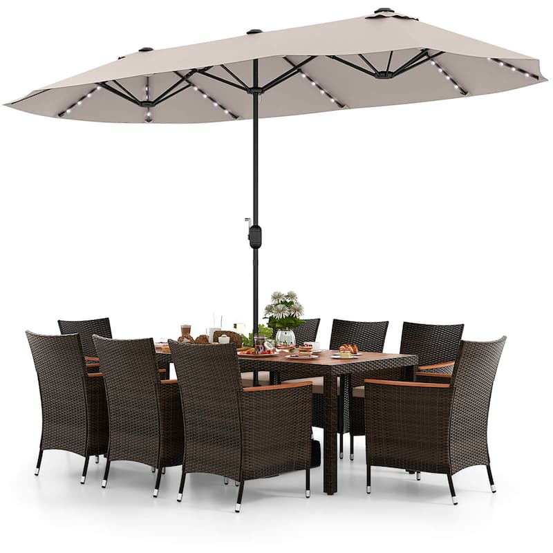 11 PCS Patio Dining Set Outdoor Rattan Furniture Set w/ 15ft Umbrella - Beige