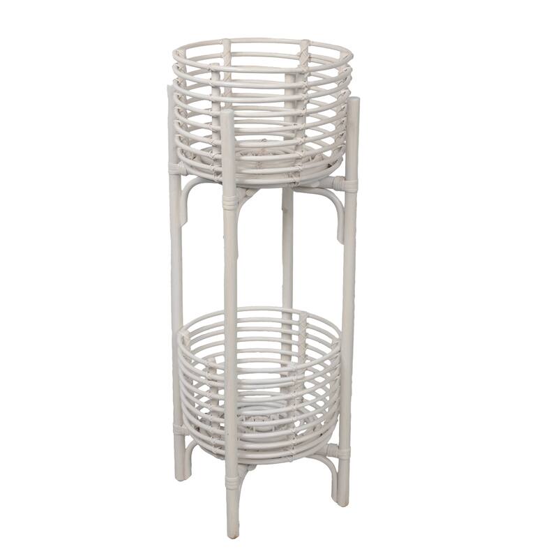 JONATHAN Y Zachariah 33.5" Bohemian Minimalist Handmade 2-Tier Rattan Indoor Planter Stand - White