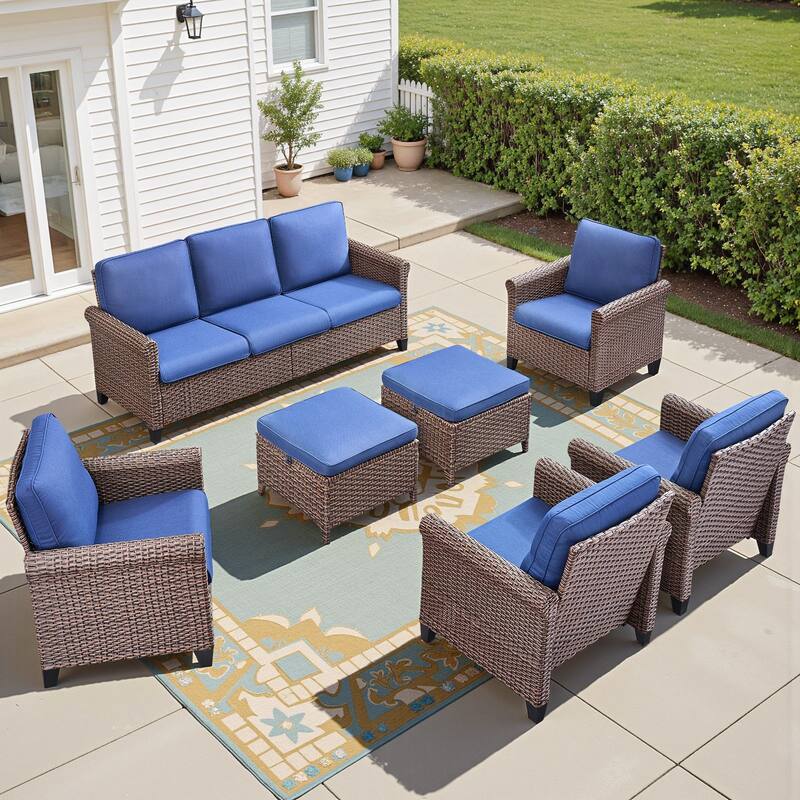 Pocassy Outdoor Sofa Swivel Chairs Patio Chair Funiture Set - 7PCS Sofa Patio Chair w/ Ottoman - Brown Wicker Beige Cushion