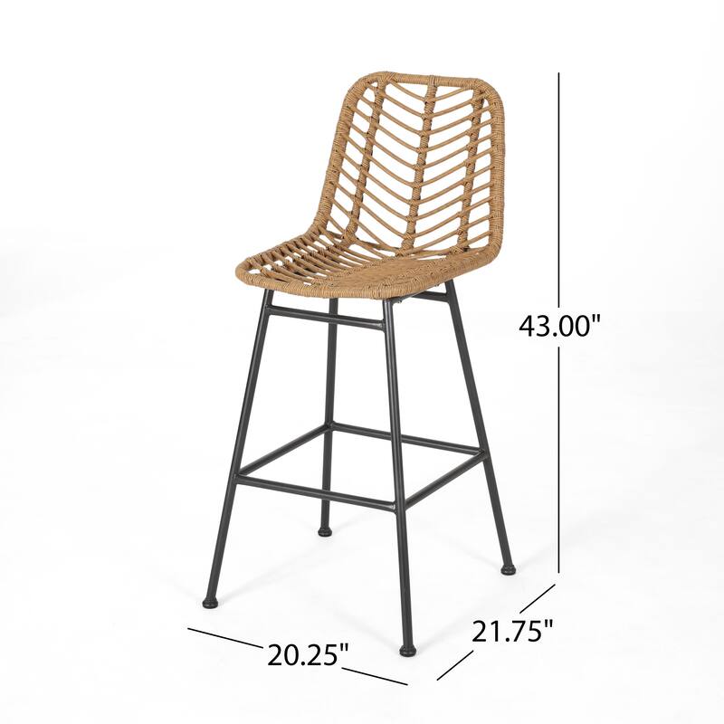 Roomfitters 2-Piece Outdoor Wicker Bar Stools, Modern Rattan Patio High Dining Chairs with Chevron Weave & Legs, Light Brown