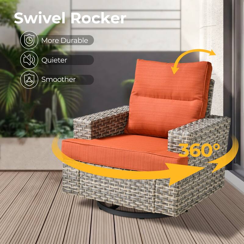 HOOOWOOO 9-piece Outdoor Wicker Furniture Swivel Rocking Chair Set with Fire Pit Table