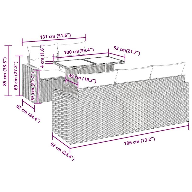 vidaXL Patio Sofa Set with Cushions Lounge Setting Outdoor 6 Piece Poly Rattan - 21.7 x 39.4 x 28.7