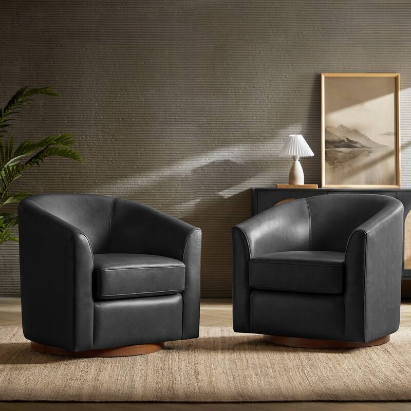 Althea Modern Genuine Leather Swivel Barrel Chair with Solid Wood Base Set of 2 By HULALA HOME