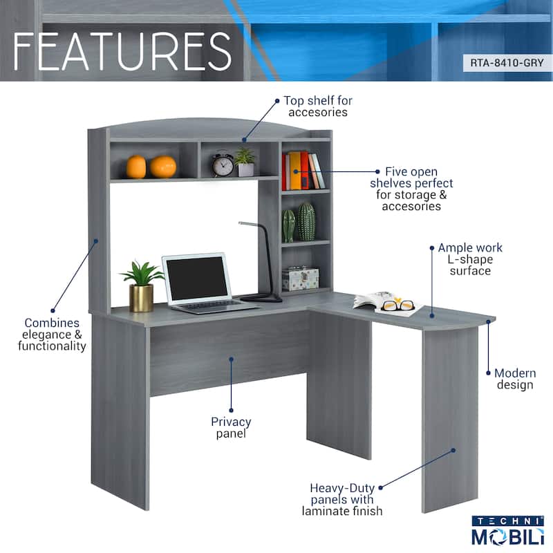Modern L-Shaped Computer Desk with Storage and Shelves - Gray Color