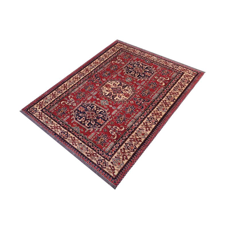 Tribal Super Kazak Nikolai Red/Tan Hand Knotted Wool Rug - 4'3'' x 5'8''