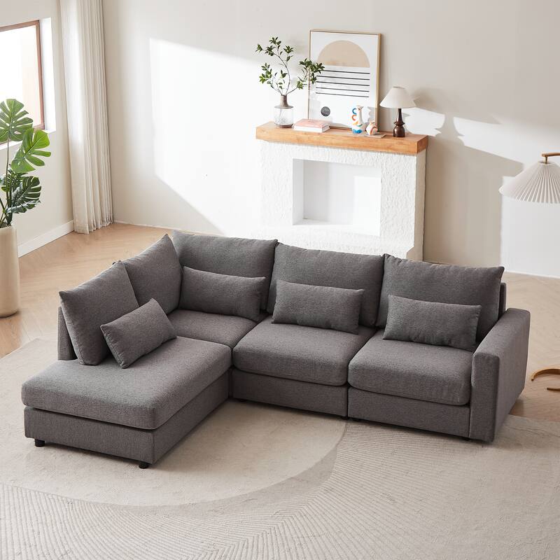 100.2" Linen L-Shaped Sectional Sofa with Ottoman & Lumbar Pillows