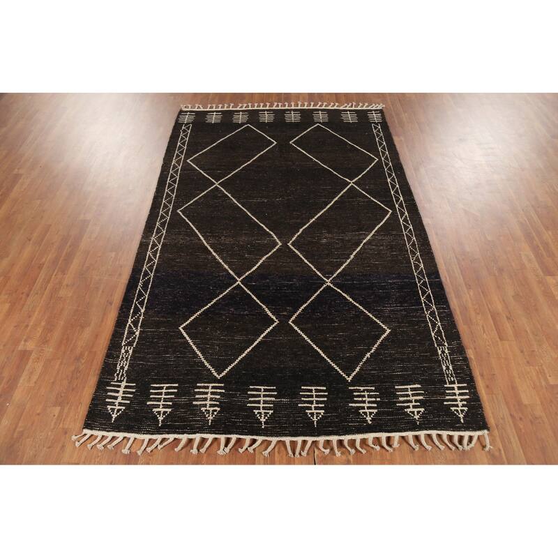 Dark Brown Trellis Moroccan Oriental Area Rug Hand-Knotted Wool Carpet - 5'11"x 9'7"