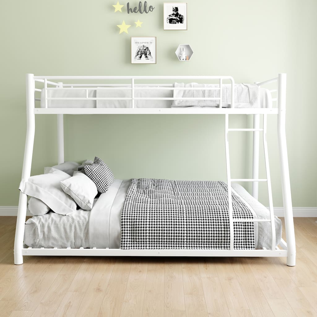 Twin Over Full Metal Bunk Bed with Removable Stairs, Heavy Duty Frame, 12-Inch Under-Bed Storage, No Box Spring Needed, White