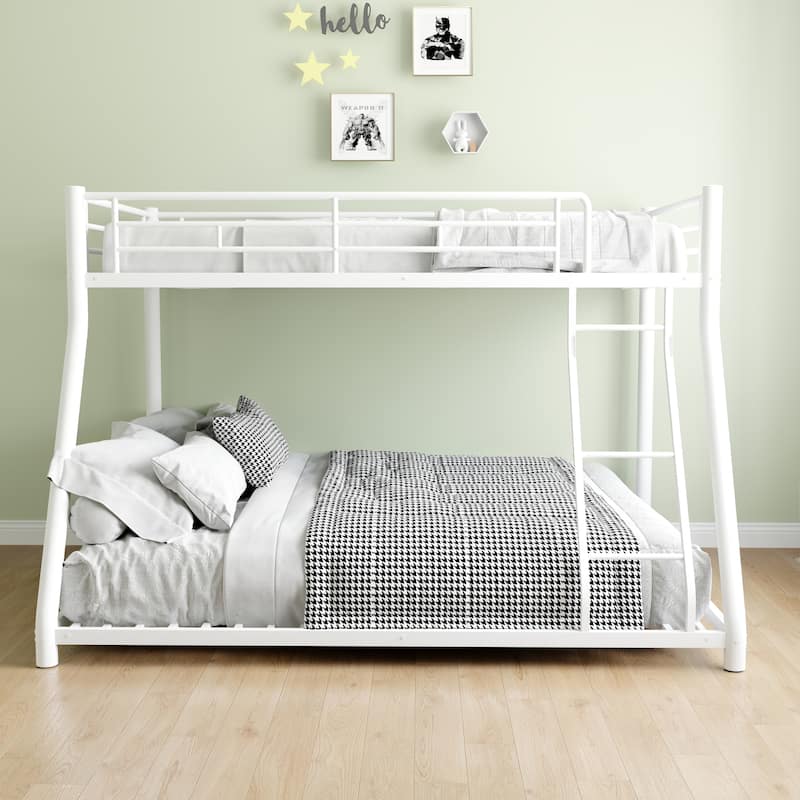 Twin over Full Size Metal Bunk Bed, Heavy-duty with Guardrail - White