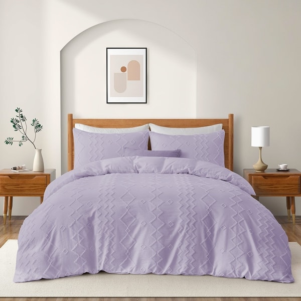 slide 2 of 11, Tufted Clipped Jacquard Geometric Oversized Duvet Cover & Pillowcase Set Diamond/Purple - King