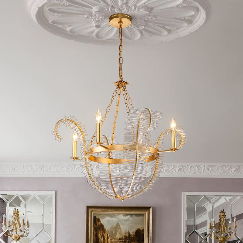 French Vintage Luxe Gold Foiled Bloom Crystal Chandelier 29in Wide