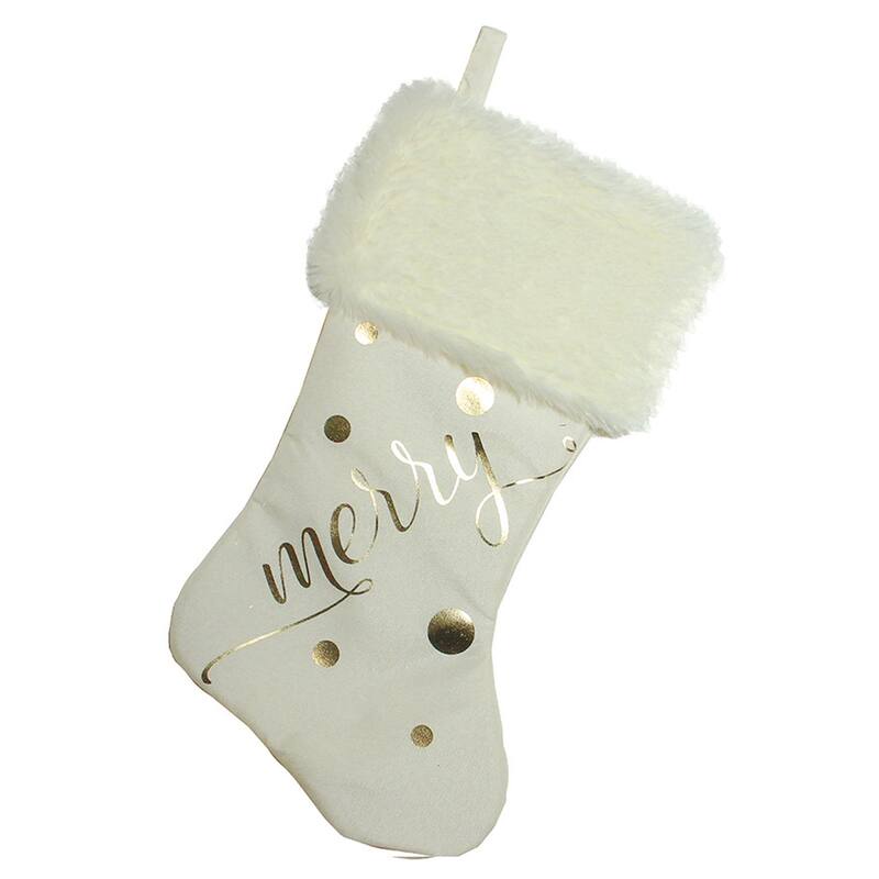 19" Ivory White Gold Foil "Merry" Stocking White Faux Fur Cuff