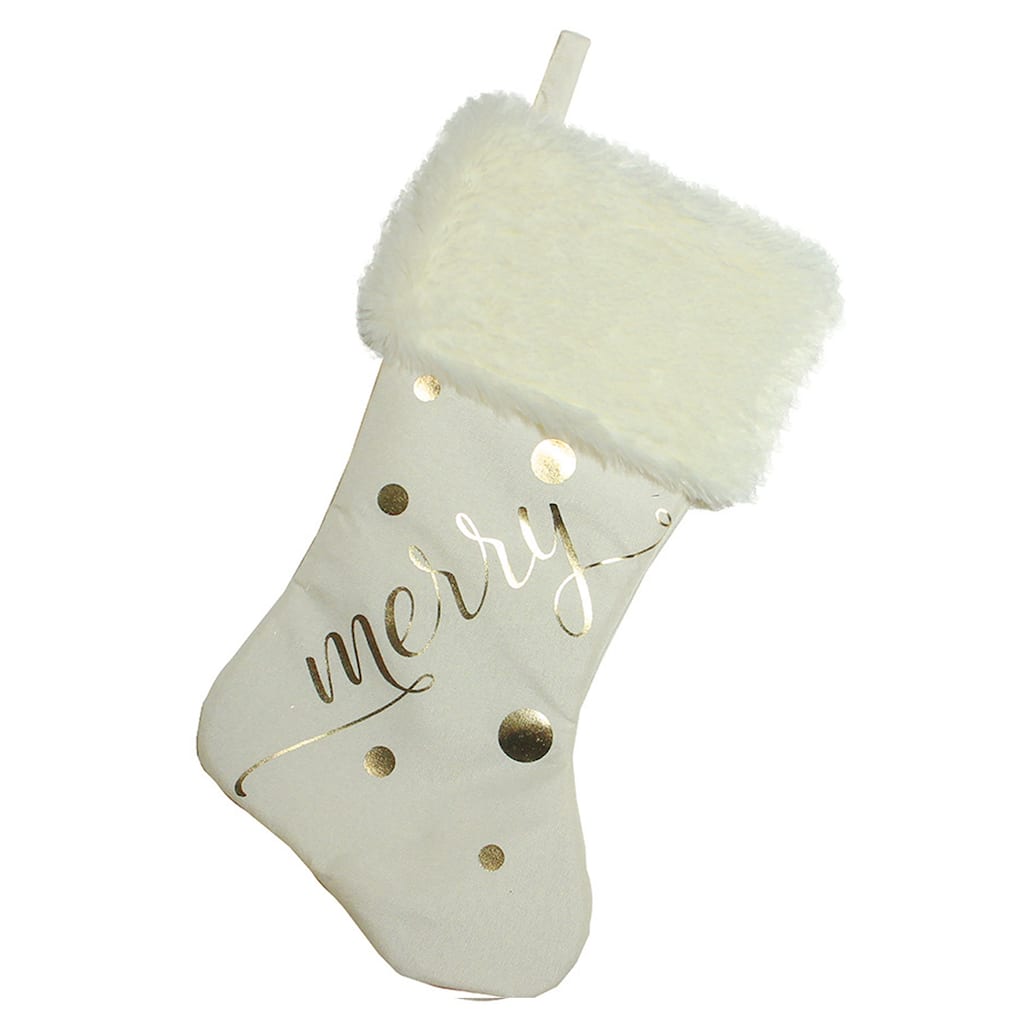 19" Ivory White Gold Foil "Merry" Stocking White Faux Fur Cuff