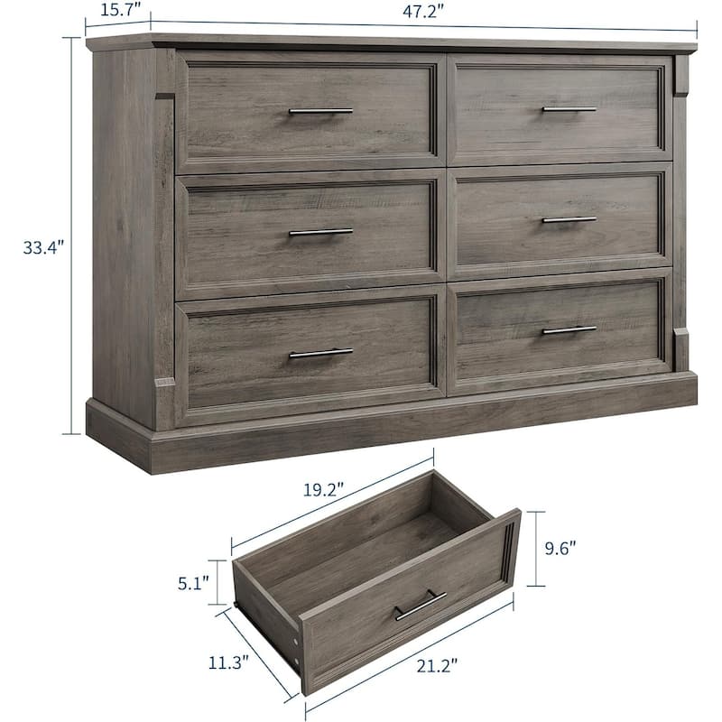 6 Drawer Dresser for Bedroom,Framhouse Large Chest of Drawers with Metal Handles