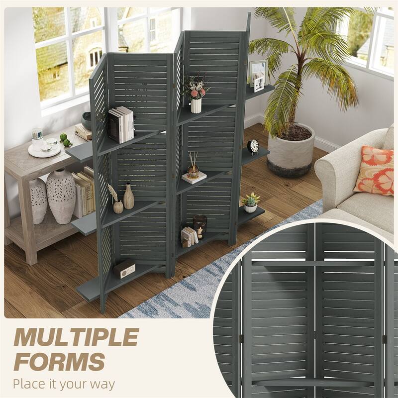 78.75" Wide 5-Panel Foldable Paulownia Wood Room Divider Screen with Built-In Shelves - 78.75" L x 67" H x 0.75" T