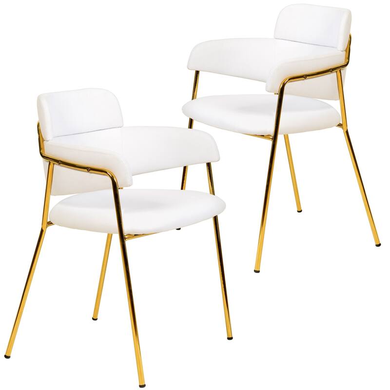 LeisureMod Axis Set of 2 Modern Upholstered Dining Chairs with Gold Stainless Steel Legs, Pair of Accent Side Chairs for Kitchen - White