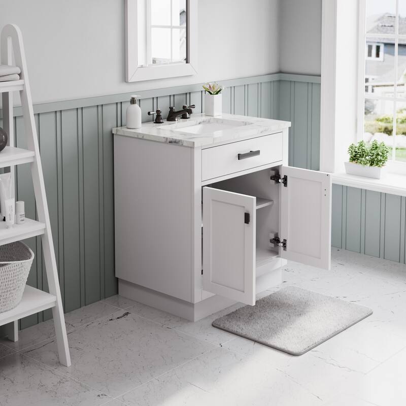 Hartford Marble Bath Vanity in White with Classic Faucet and Mirror