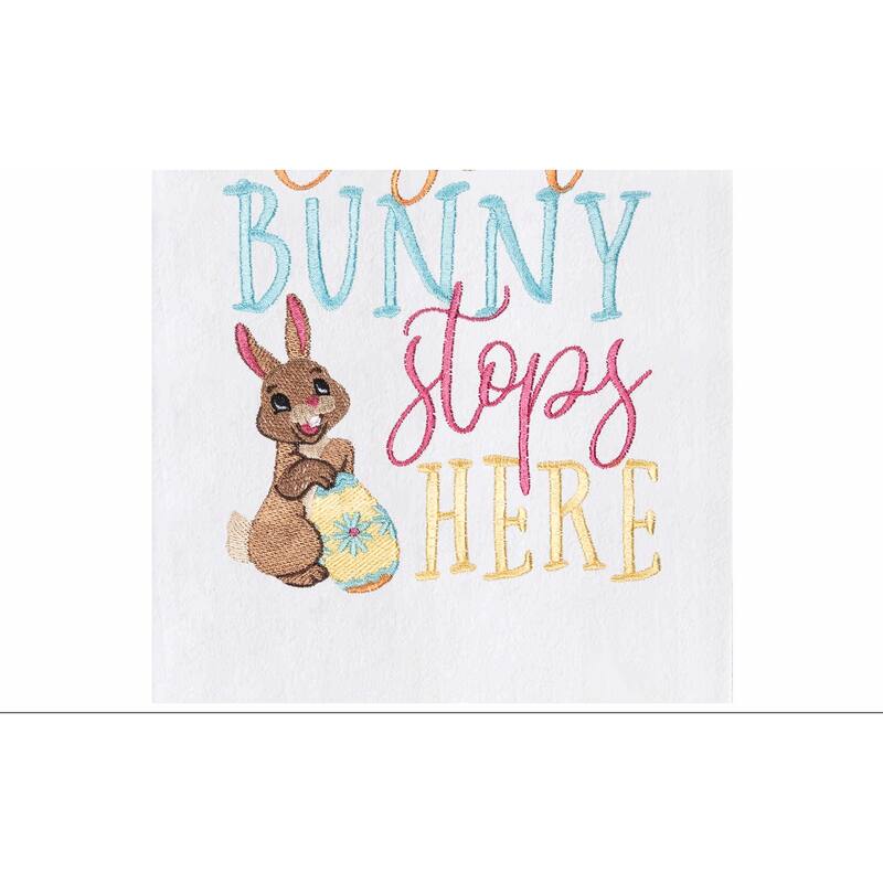 "The Easter Bunny Stops Here" Spring Rabbit Embroidered Cotton Flour Sack Kitchen Dishtowel