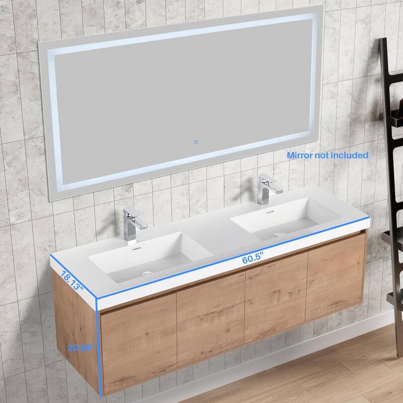 Blossom 60" Wall Mount Vanity with Double Acrylic Sink, Modern Design
