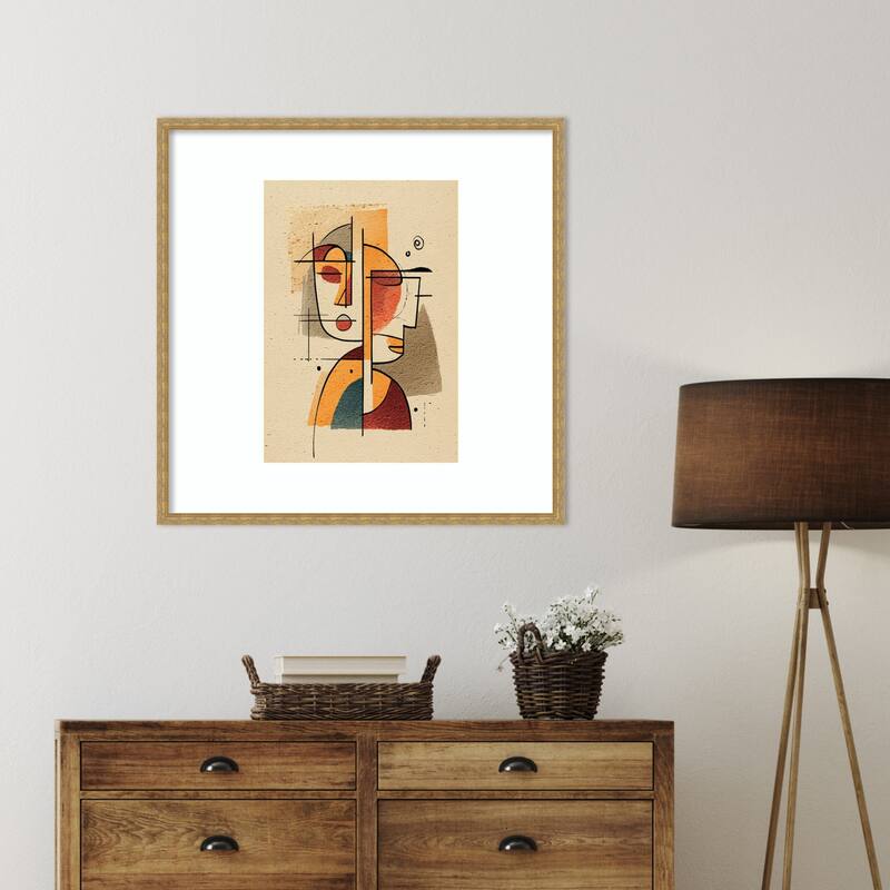 Picasso Style Cubist Faces Orange Teal Abstract Geometric by Tradelink inhouse artist Wood Framed Wall Art Print