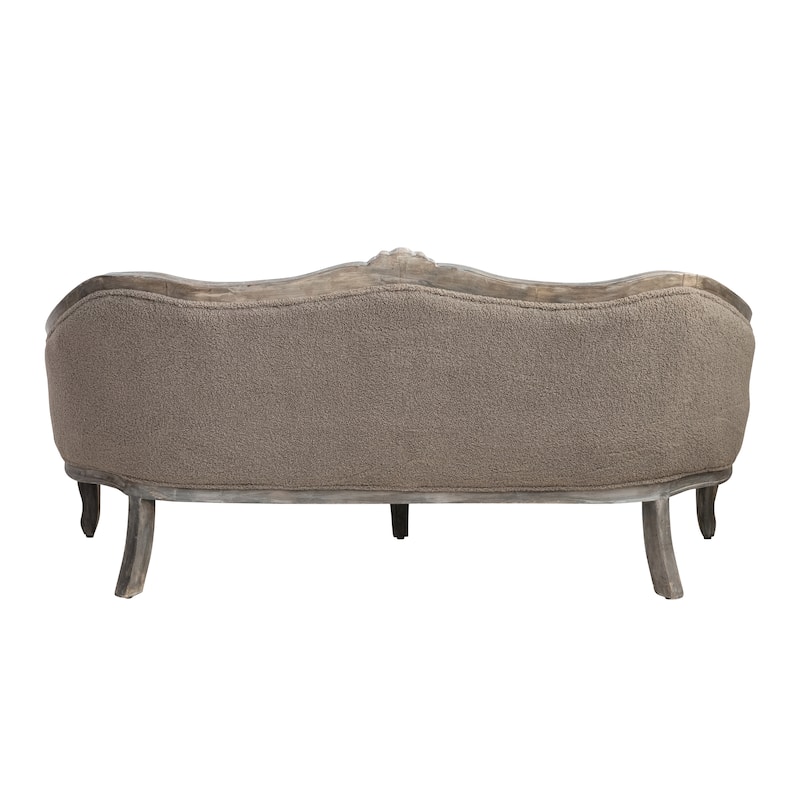Bouclé Pintucked Sofa with Hand-Carved Mango Wood Frame