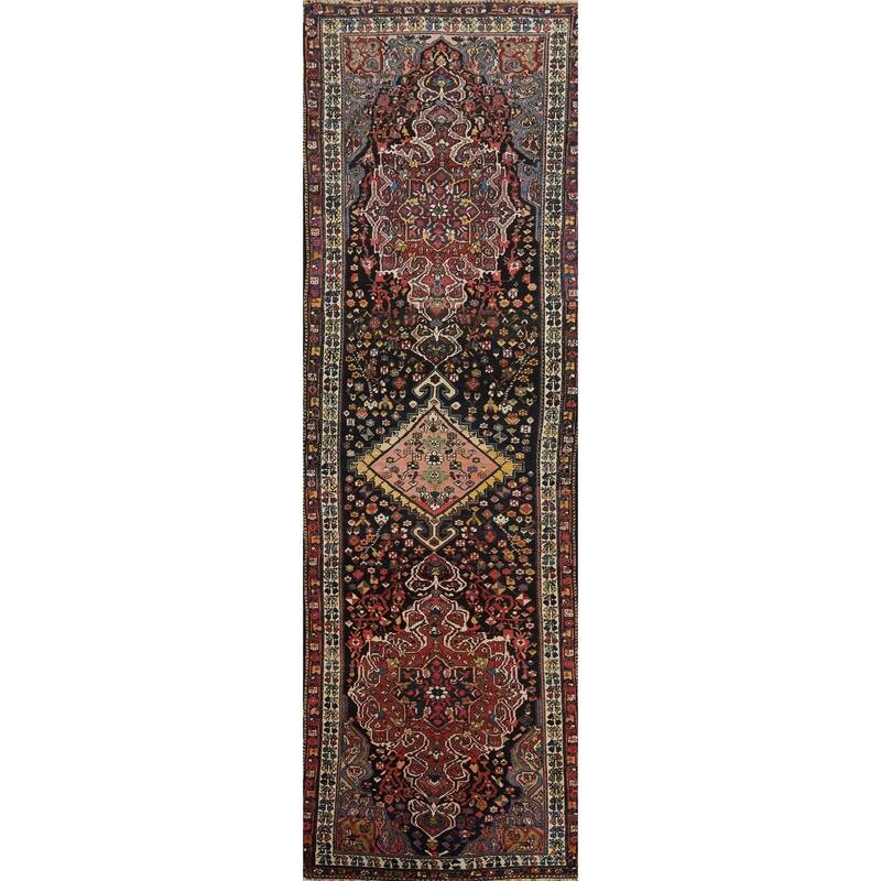 Hand Knotted Oriental 100% Wool Carpet Traditional Floral Black Bakhtiari Runner Rug - 14' 7'' X 3' 9''