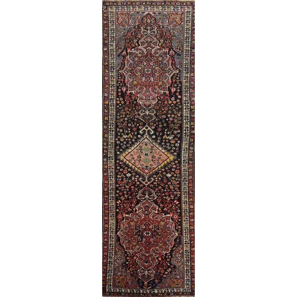 Hand Knotted Oriental 100% Wool Carpet Traditional Floral Black Bakhtiari Runner Rug - 14' 7'' X 3' 9''