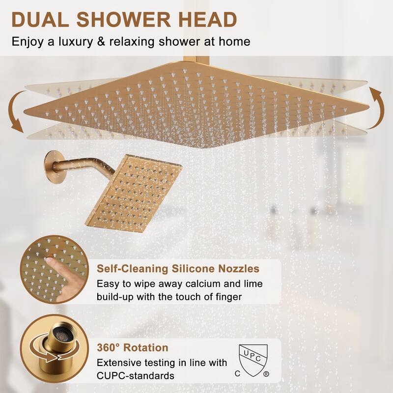 CASAINC Dual Heads High Pressure 16 Inch 4 Function Shower Head Shower System with Sliding Rod Handheld Shower and 6 Body Jet
