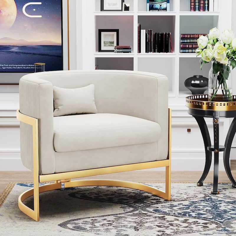 Accent Chair, Velvet Barrel Chair Modern Arm Chair for Living Room - Ivory