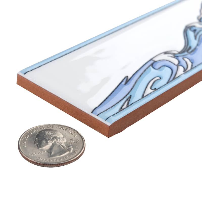 Merola Tile Captain Kanagawa Wave Glacier Blue 2" x 7-7/8" Ceramic Wall Trim - (1 Tile)