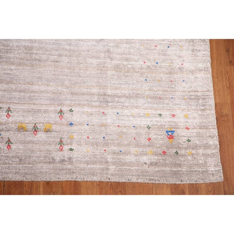 Tribal Gabbeh Oriental Area Rug Handmade Silk Beige Carpet - 8'0" x 9'8"