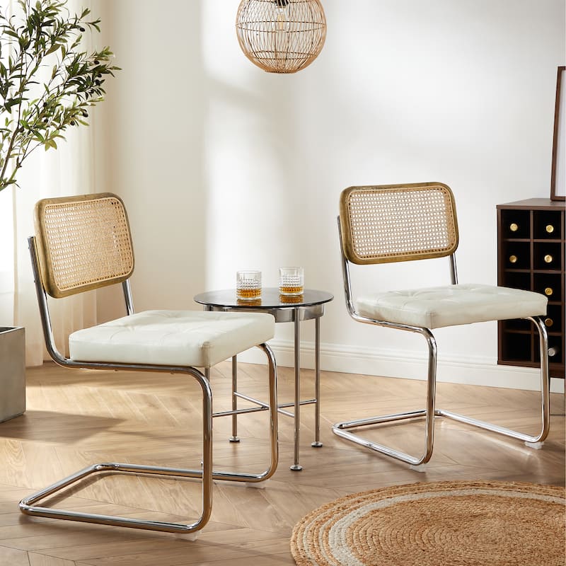 Art Leon Accent Dining Chair with Cane Backrest (Set of 2) - Off White PU Leather Chairs
