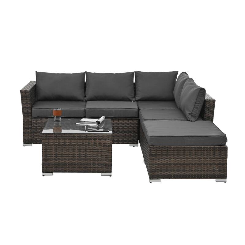 GDFStudio - Elegant 4-Piece Outdoor PE Wicker Patio Set with Tempered Glass Coffee Table
