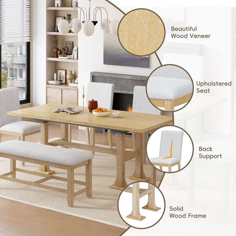 Farmhouse 6 PCS Extending Dining Table Set for 6 with Shelf Base